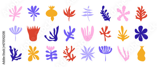 Abstract organic shapes. Contemporary leaves algae flowers plants Matisse inspired decoration, floral stickers. Vector set