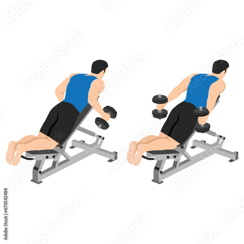 Man doing dumbbell prone incline kickbacks exercise. Flat vector illustration isolated on white background