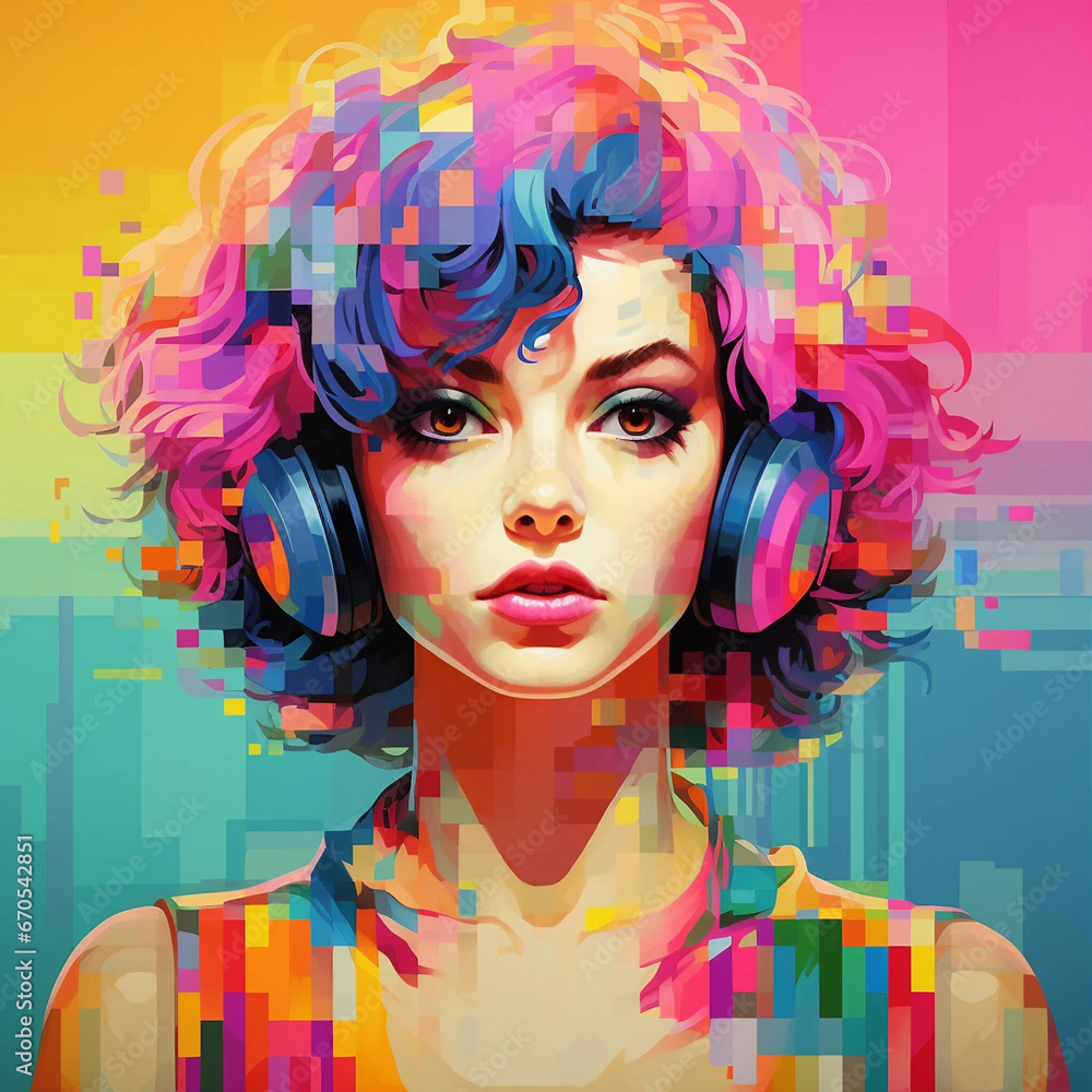 An 80s Style Pixelated Portrait of a Woman Wearing Headphones