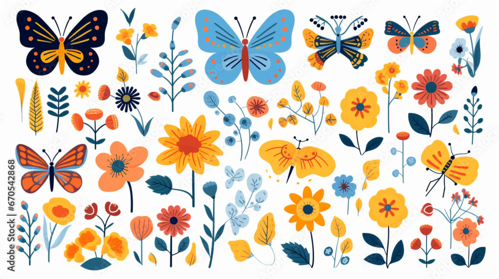 Set of Stickers Cute Cartoon Butterfly Flowers Daisies Generative AI Set of Stickers Cute Cartoon Butterfly Flowers Daisies Generative AI