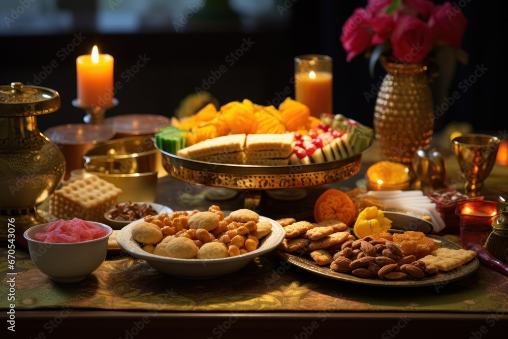 A table spread with festive treats for a Diwali celebration.