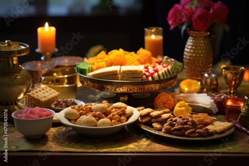 A table spread with festive treats for a Diwali celebration.