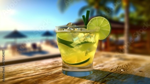 Margarita Cocktail with lime on the beach. Cocktail Concept With Copy Space