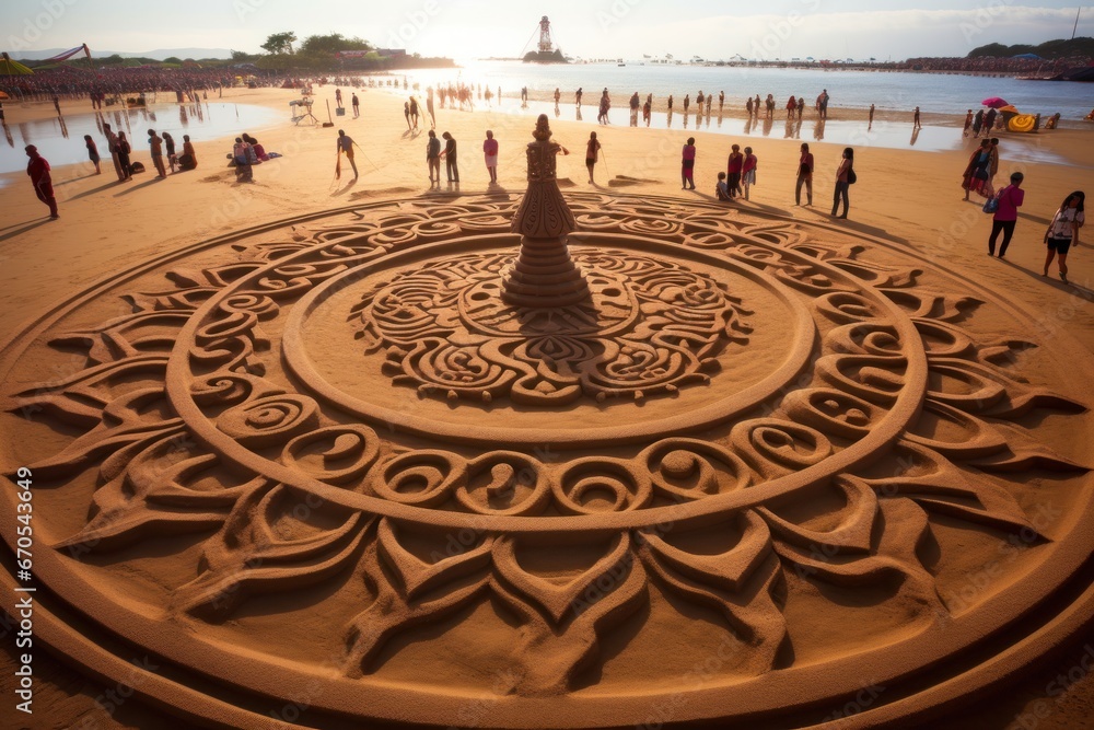 Elaborate sand mandalas created during a cultural festival.