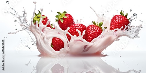 strawberry falling into water milk or Yoghurt, banner