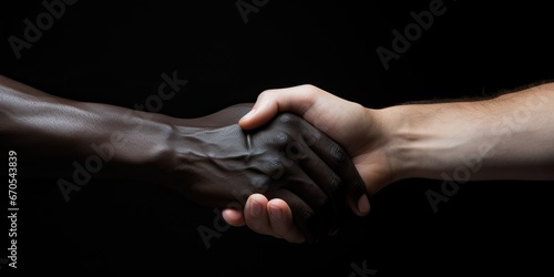 handshake between a black and a white human male. black background. Banner