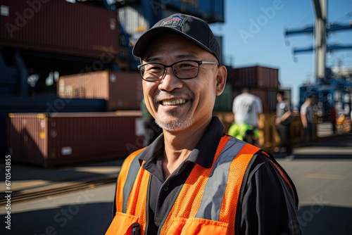 portrait of an asian senior worker working in the harbour with containers, transhipment port