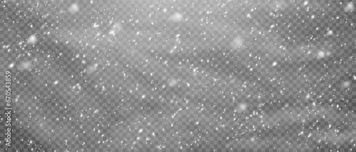 Vector snowfall: Various white snowflakes on transparent background. Falling snow elements in different shapes and sizes.