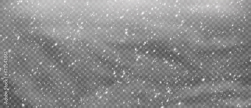 Vector snowfall: Various white snowflakes on transparent background. Falling snow elements in different shapes and sizes.