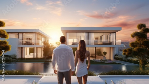 Back view of young couple standing in front of their new modern luxury villa. Real estate business concept created with Generative AI © mg photo