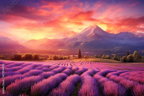 Lush lavender field under a pastel sunset with a distant mountain range.