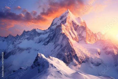 Majestic snow-covered mountains during sunrise with alpenglow