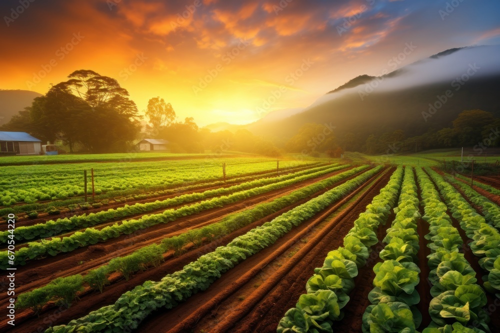 Organic farm with rows of fresh vegetables during sunrise. Organic farm with rows of fresh vegetables during sunrise.