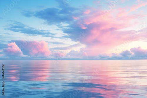Pastel sky during a tranquil sunrise over calm sea with gentle waves and reflections. © Jelena