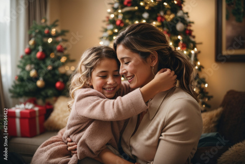 A mother and daughter hugging in the living room by the tree. Generative AI. © Adri Zen