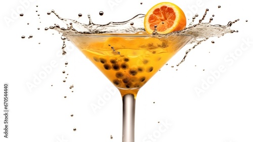 Passion fruit cocktail with splash isolated on white background, clipping path. Cocktail Concept With Copy Space photo