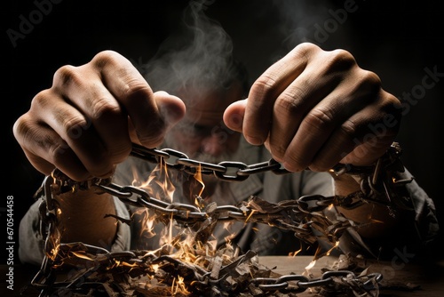 The man's hands are chained and burning photo