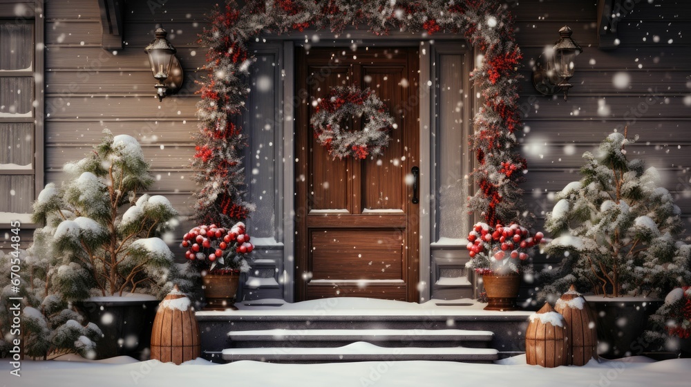 christmas wreath hanging in front of a door house