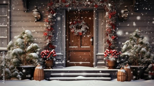 christmas wreath hanging in front of a door house