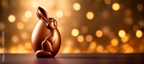 funny Bunny shaped chocolate easter egg on golden bokeh background  , background, banner wallpaper, copy space for text 