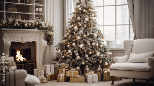 Christmas tree decorated and filled with gifts in the living room © PhotoVibe