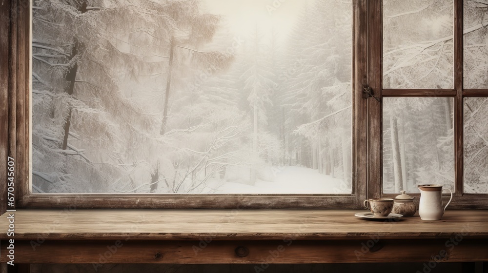 Background of winter window and empty table Background of winter window and empty table