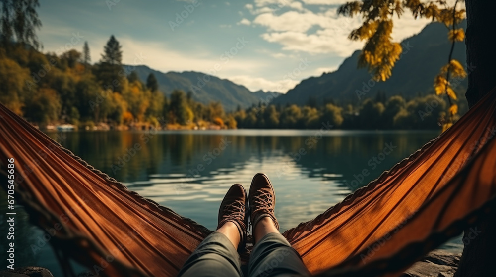 resting at camping woman laying in hammock with beautiful view of forest lake. generative ai - obrazy, fototapety, plakaty 