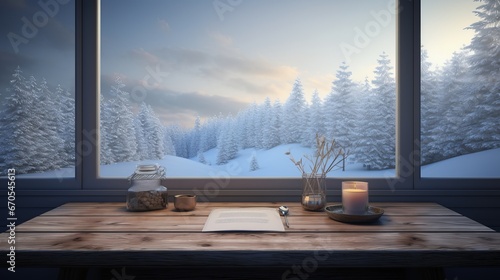 Background of winter window and empty table