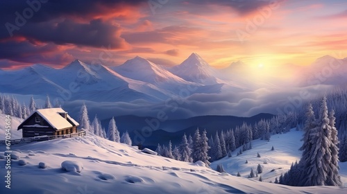 Wonderful winter scene with a wooden house surrounded by snow-capped mountains. Peaks of high mountains in a hazy dusk sky