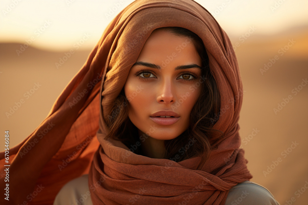 Beautiful arabic woman wearing veil in sandy desert Generative Ai illustration Beautiful arabic woman wearing veil in sandy desert Generative Ai illustration