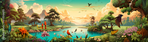 Detailed illustration of wild nature with wildlife birds and animals, jungle, flying, wilderness, birds © MadsDonald