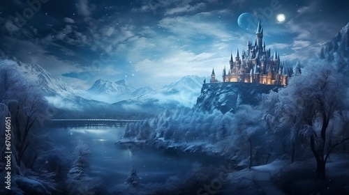 A magnificent castle in a wintry paradise. A fictitious snowy setting. Winter forest, winter castle above the mountain