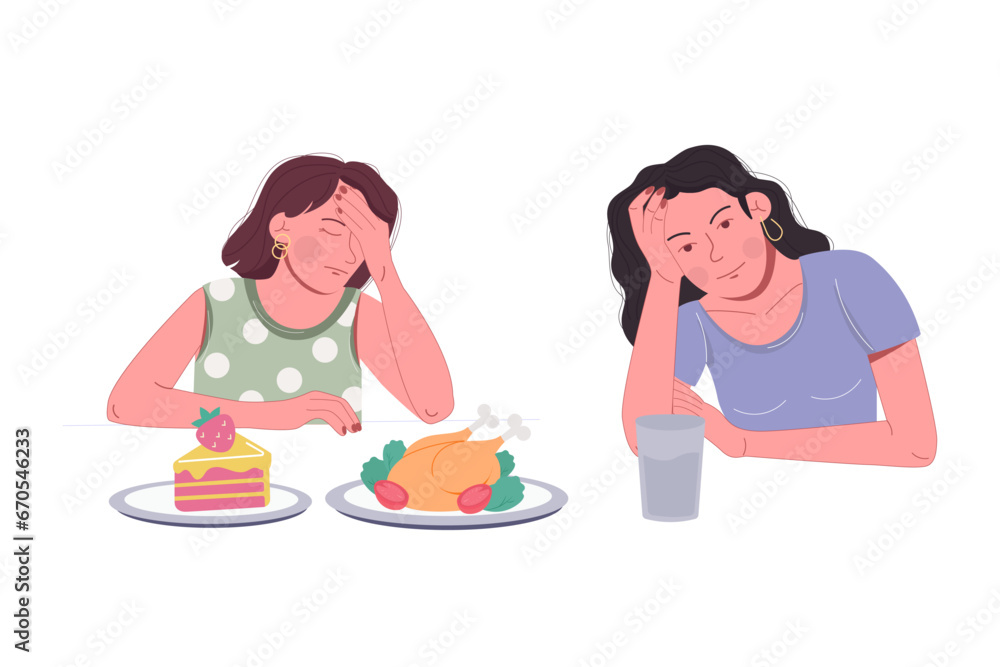 Anorexia eating disorder. Illustration of a sad woman with food Anorexia eating disorder. Illustration of a sad woman with food