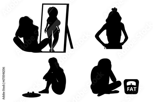Anorexia silhouette eating disorder. Illustration of woman