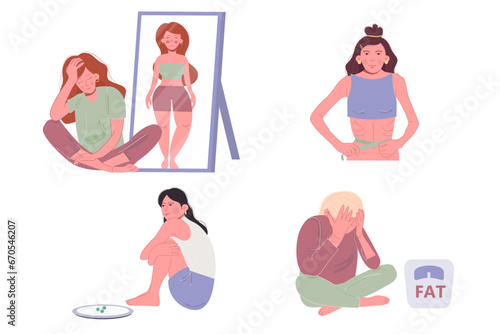 Anorexia eating disorder. Illustration of woman