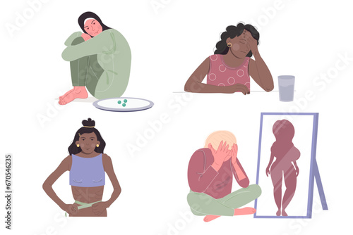 Anorexia eating disorder. Illustration of an international woman