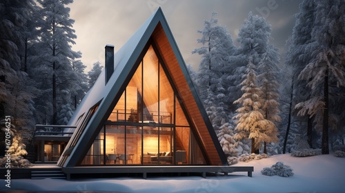 Frost-covered modern A-frame cabin in the middle of a woodland during the winter
