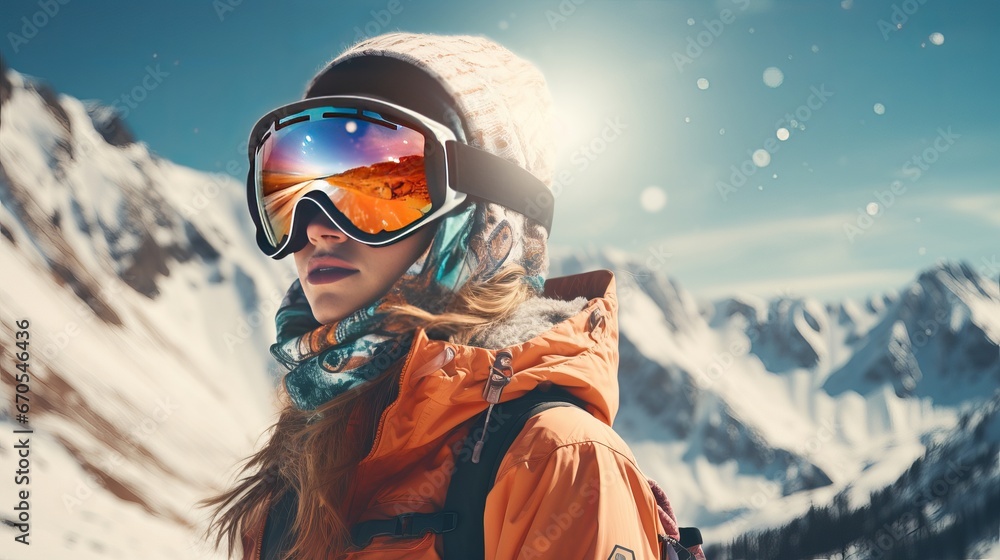 A girl snowboarder with a helmet and orange goggles against a backdrop of snow-covered mountains with copy space