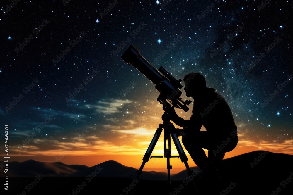 Silhouette of a man and Telescope against the Starlit Sky