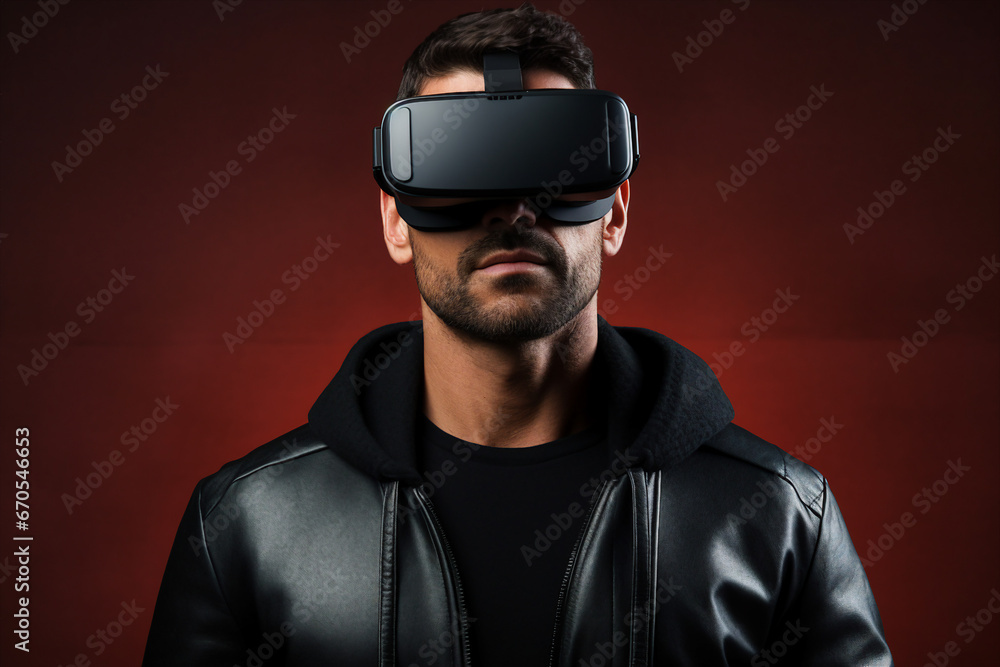Image of headset user wearing vr glasses watching surreal colorful fantasy world generative AI concept Image of headset user wearing vr glasses watching surreal colorful fantasy world generative AI concept
