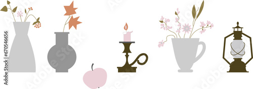 A set of household items on a white background. Vases, flowers, bouquets, apple, candle, lantern. Collection of interior items. Flat style. An editable contour. Isolated. Design for print, social medi