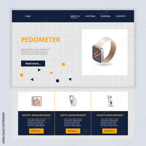 Pedometer flat landing page website template. Weight measurement, depth measurement, height measurement. Web banner with header, content and footer. Vector illustration.