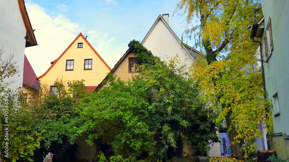 Fototapeta premium Altstadt von Rottenburg mit spitzen Giebeln und grünem Efeu an der Fassade unter blauem Himmel