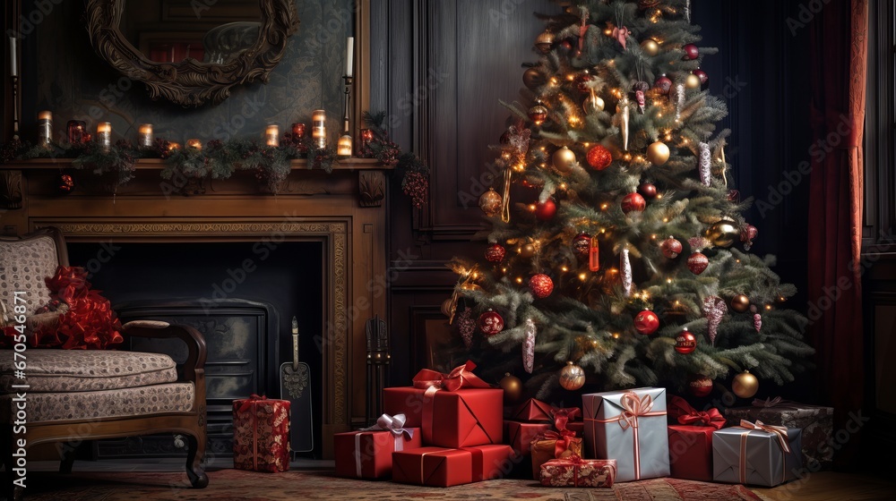 A gloomy sitting room with a wrapped gift beneath a decorated Christmas tree during the holiday season