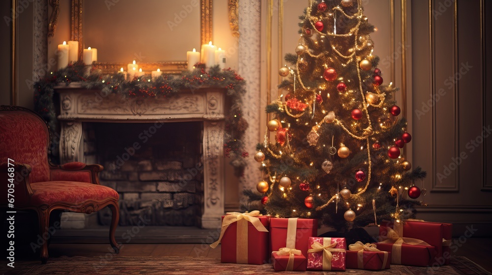 A gloomy sitting room with a wrapped gift beneath a decorated Christmas tree during the holiday season