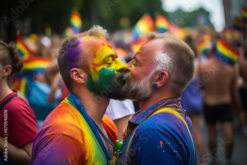 Bearded Gay Couple Kissing at LGBTQ+ Pride Parade