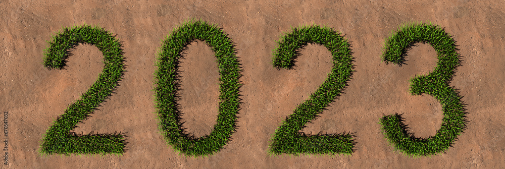Concept or conceptual 2023 year made of green summer lawn grass symbol on brown soil or earth background. 3d illustration as a metaphor for future, nature, conservation, organic, growth, environment Concept or conceptual 2023 year made of green summer lawn grass symbol on brown soil or earth background. 3d illustration as a metaphor for future, nature, conservation, organic, growth, environment
