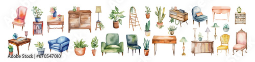 Furniture vector illustration. Watercolor set of interior design elements. Room collection.