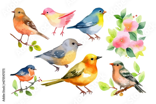 Watercolor bird collection. Fall season. Nature element.