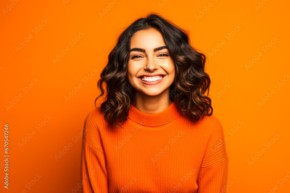 Jeune femme souriante posant avec un pull orange sur fond orange - obrazy, fototapety, plakaty 